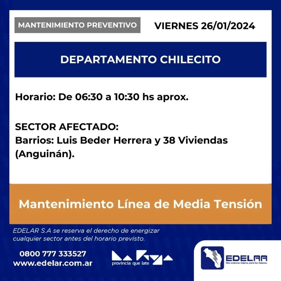 CHILECITO: Cortes de luz programados para este viernes 