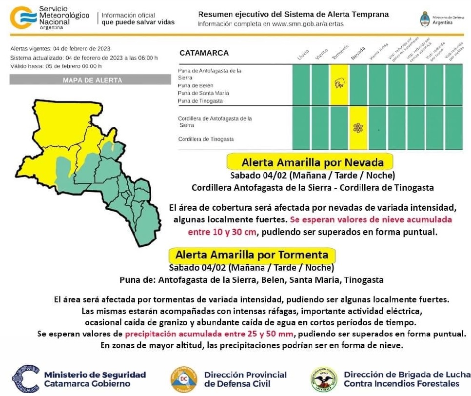 CATAMARCA: Alerta amarilla por nevadas y tormentas