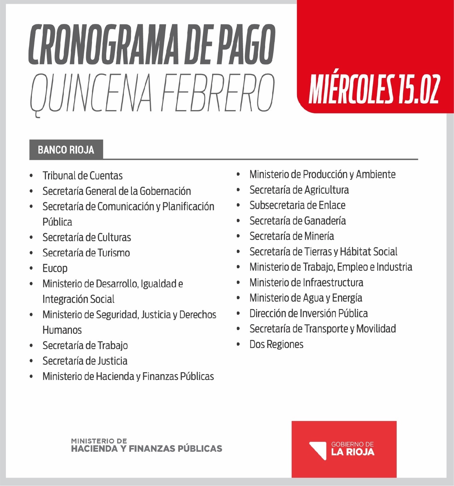 CRONOGRAMA DE PAGO DE QUINCENITA PARA ESTE MIERCOLES  