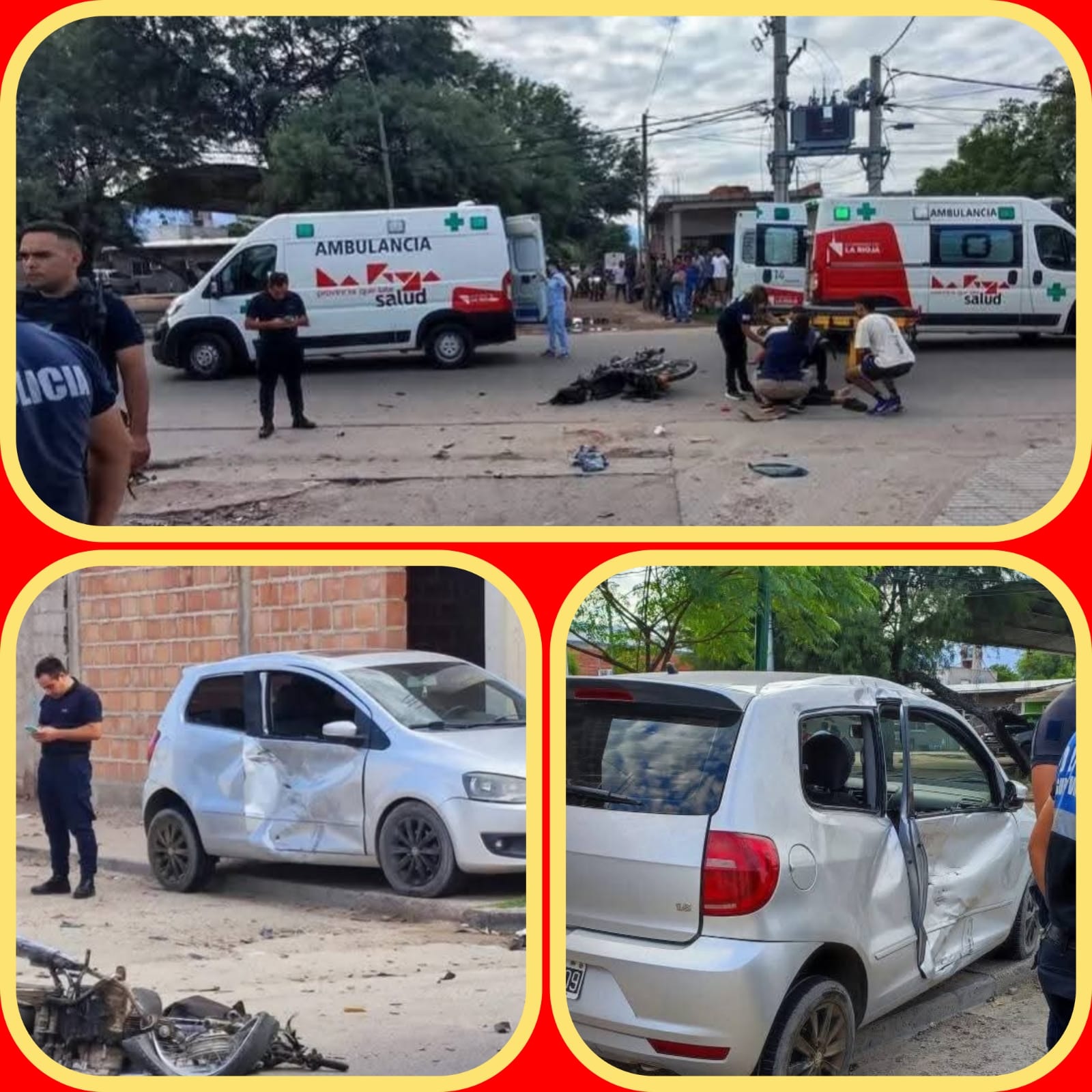 Tremendo choque entre moto y auto en AV. San Nicolás de Bari y Pasaje Las Rodas