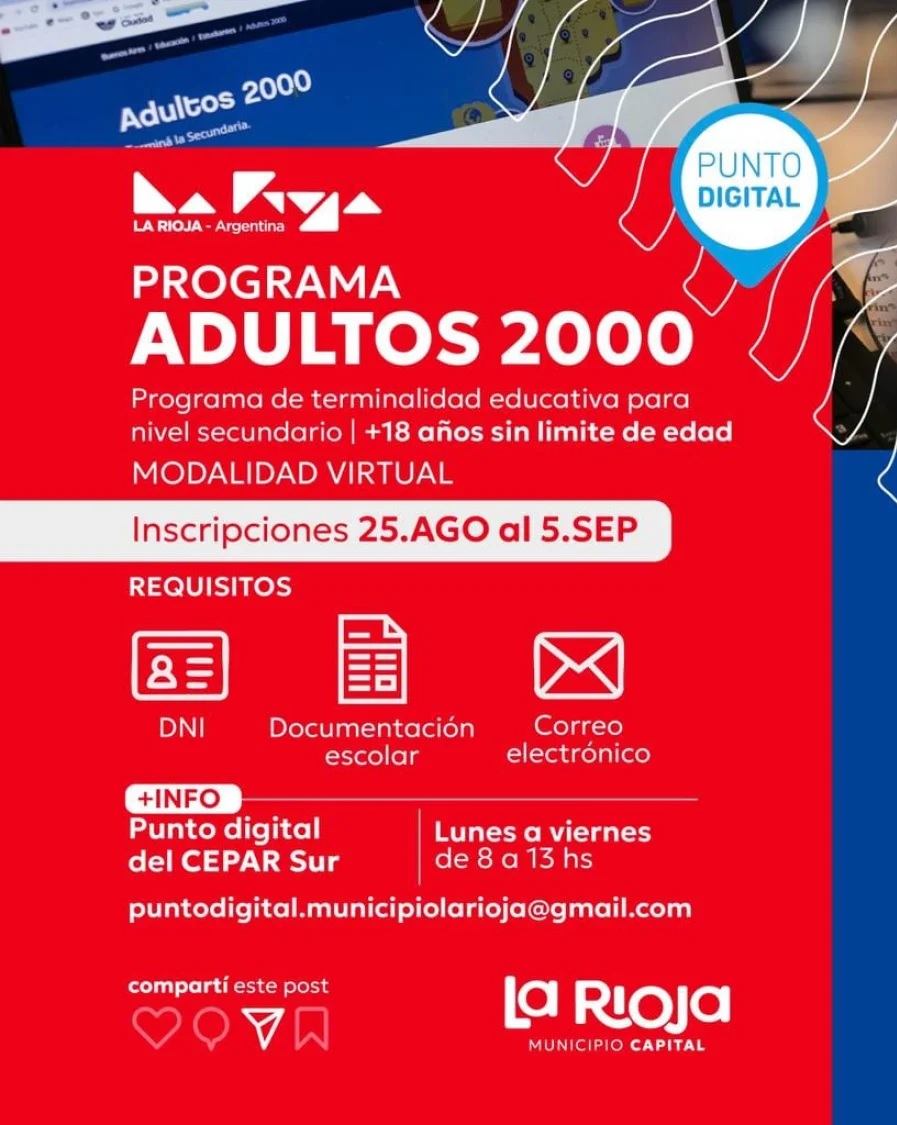 Programa Adultos 2000: inscripciones abiertas en La Rioja para terminar el secundario online